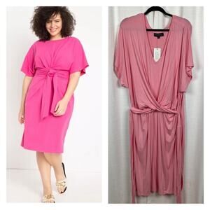 Eloquii Pink Cross Front Waist Tie Flutter Sleeve Midi Dress Sz.24W NWT